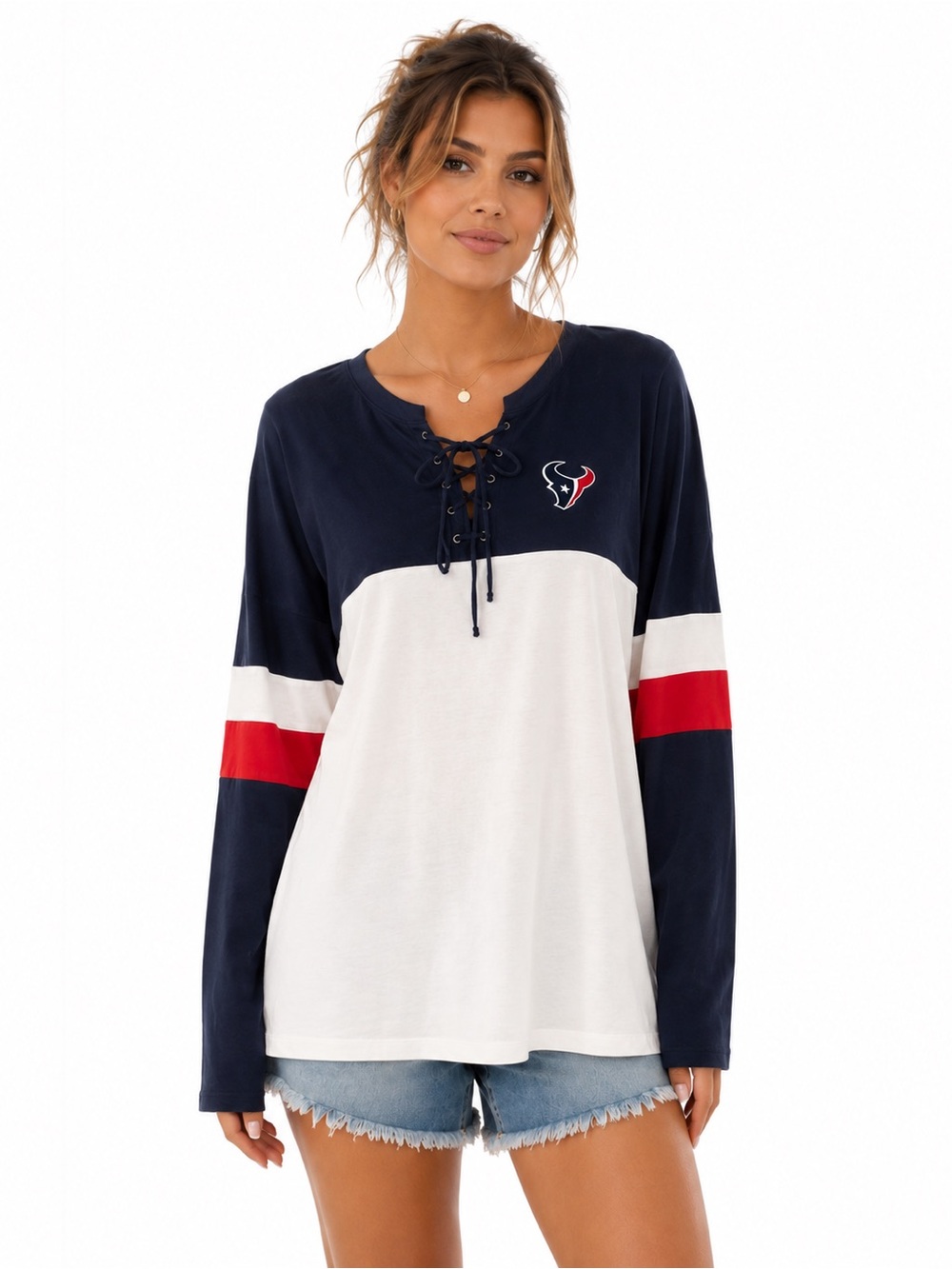 NWT Houston Texans Lace Up Colorblock Long Sleeve Top Plus Size 2XL NFL Tshirt